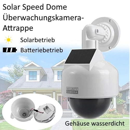 Solar Speed-Dome-Kamera-Attrappe mit Objektiv, Blink-LED, Befestigungsmaterial sehr realistisch verarbeitet - Neu