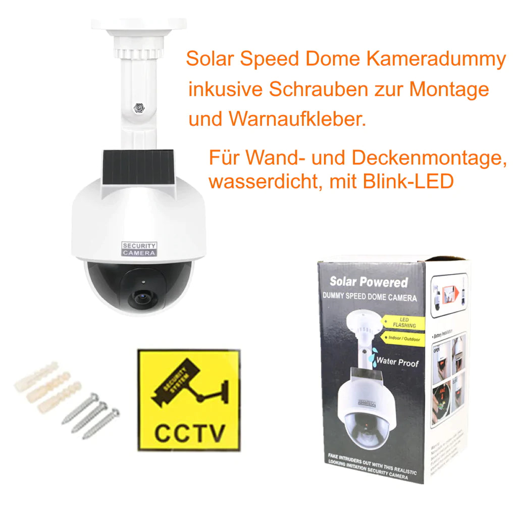 Solar Speed-Dome-Kamera-Attrappe mit Objektiv, Blink-LED, Befestigungsmaterial sehr realistisch verarbeitet - Neu